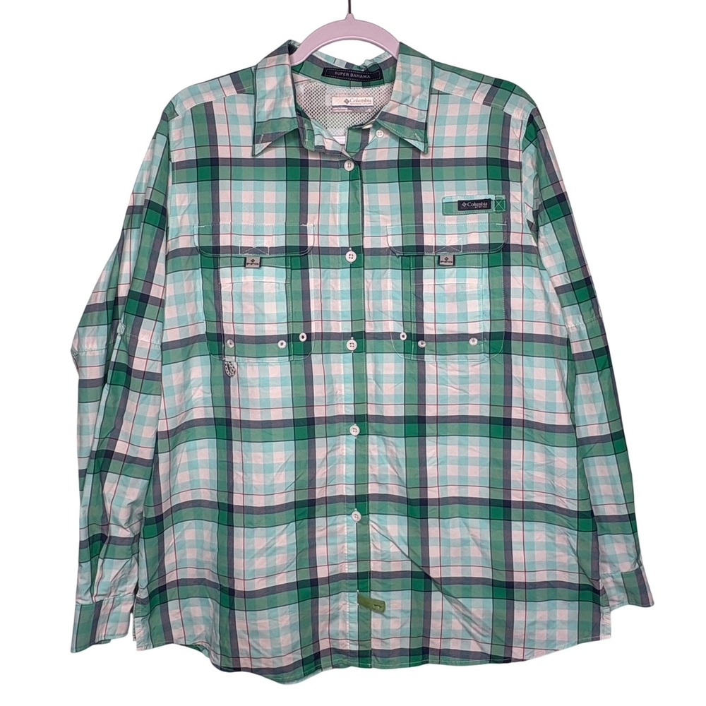 Columbia PFG Super Bahama Shirt L L/S Plaid Green Fishing Vented UPF Gorpcore